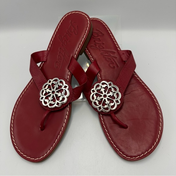 Brighton Red Alice Sandals Thong Flat Leather Womens Size 9M Silver Medallion - Picture 1 of 12